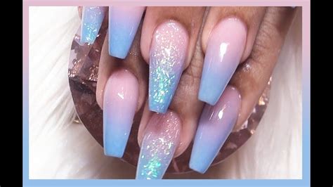 Watch Me Work Pink & Blue Baby Boomer Glitter Acrylic Nails Full Set | Pink blue nails, Baby ...