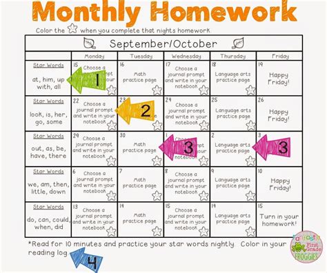 Monthly Homework Calendar 3Rd Grade | Homework calendar, First grade ...