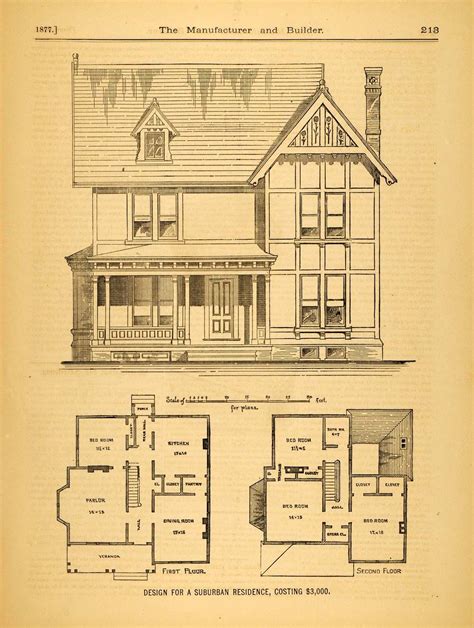 1877 Print Victorian Suburban House C. M. Morgan Architecture Floor Plans | Historical house ...