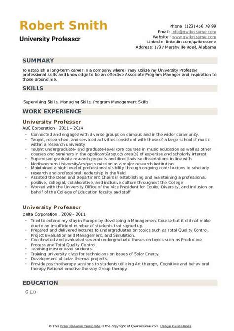 University Professor Resume Samples | QwikResume