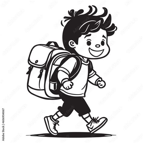 A Child Going to School Vector Clipart Illustration, Black and white ...