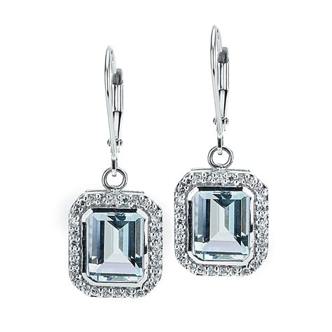 Emerald Cut Blue Topaz With White Sapphire Halo Dangle Earrings E929900 14K White Gold | New ...