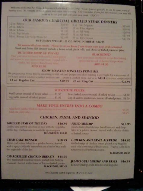 Menu at The Butcher Shop steakhouse, Little Rock