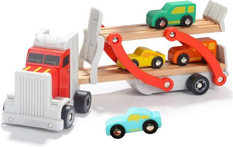 TOWO Wooden Car Transporter Toy Double Decker Trailer with 4 Cars ramp racer - Wooden car Toy ...