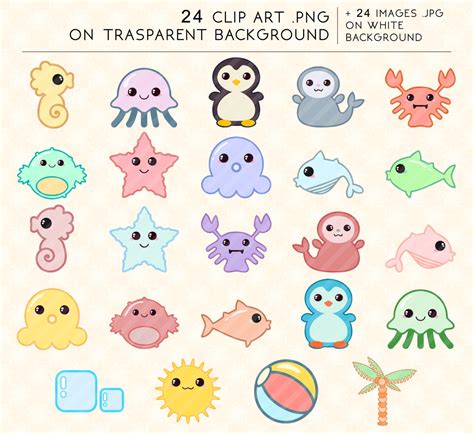 80% Until New Year Kawaii Sea Animals Clipart & Digital Paper: Cute ...