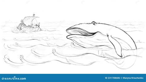 Peoples and Blue Whale. Pencil Drawing Stock Illustration - Illustration of animal, fisherman ...