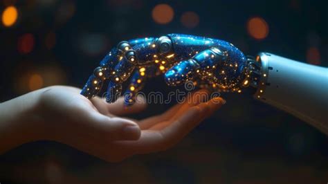 Human Hand Engaging Sparkling Robot Hand Stock Image - Image of glow ...