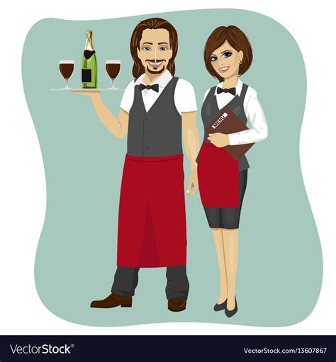 Waiter and waitress holding a serving tray Vector Image