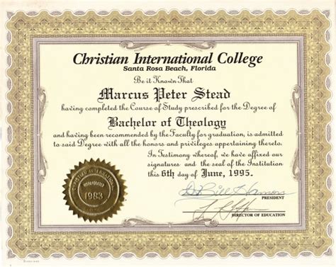 Bachelor of Theology Diploma from Christian Internation College