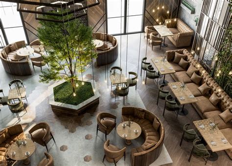 an overhead view of a restaurant with wooden tables and chairs, green ...