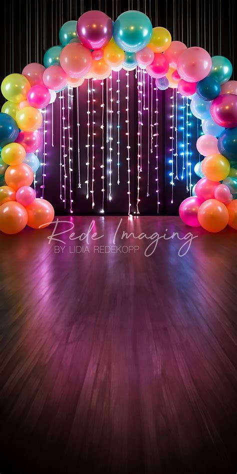 Kate Sweep Cool Birthday Cake Smash Neon Lights Colorful Balloon Arch Backdrop Designed by Lidia ...