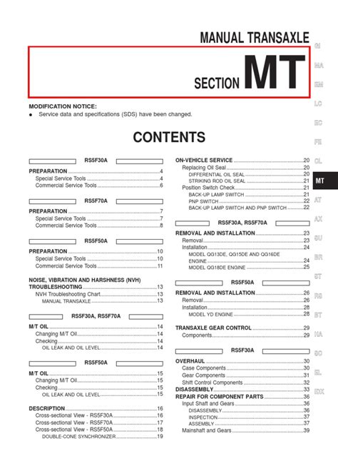 Manual Transaxle: Service Data and Specifications (SDS) Have Been Changed | PDF | Manual ...