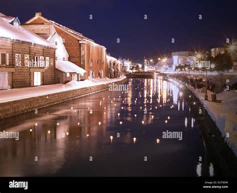 Night illumination at Otaru Canal covered in snow during winter, Otaru, Hokkaido, Japan Stock ...