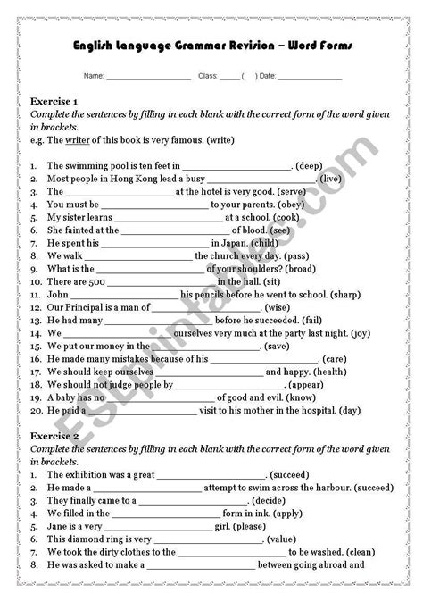 Word Forms Exercise - ESL worksheet by mandy_cwm