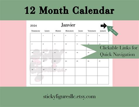 2024 Printable French Calendar Landscape, Monthly Calendar 2024, Printable and Digital Version ...