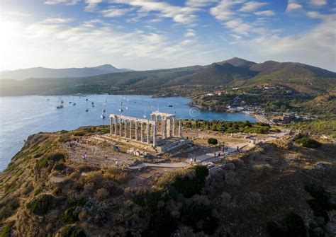 Aerial View of the Beach and Temple of Poseidon at Cape Sounion, Greece ...