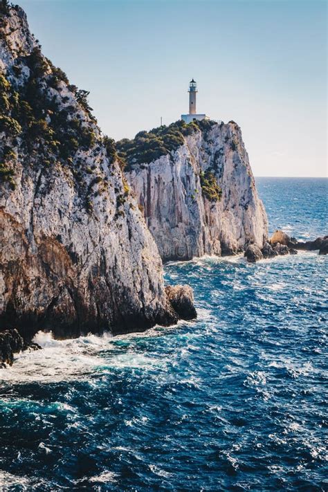 Cape Lefkada or Lefkas Lighthouse and Cliffs in the Southern Par Stock ...