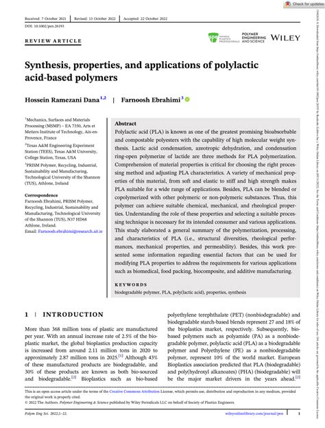 (PDF) Synthesis, properties, and applications of polylactic acid-based ...