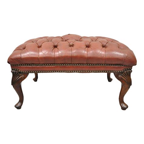 Vtg Brown Leather English Chesterfield Queen Anne Style Tufted Ottoman ...