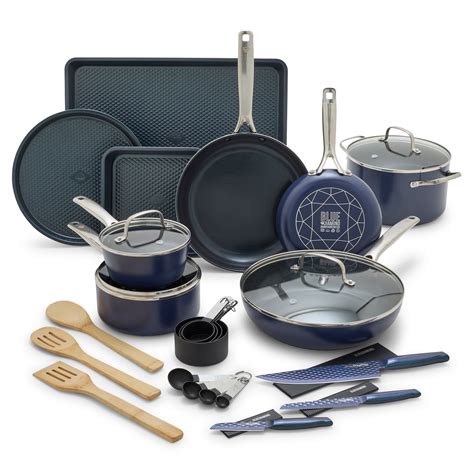 30-Piece Blue Diamond Ceramic Non-Stick Dishwasher Safe Cookware Set (Blue or Green or Pink ...