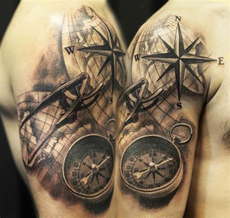 two men with tattoos on their arms are holding compasss and an open pocket watch