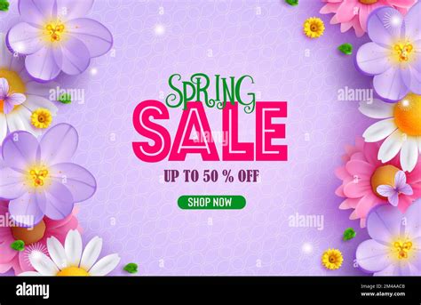 Spring sale text vector banner design. Spring promo discount offer with fresh blooming flower ...