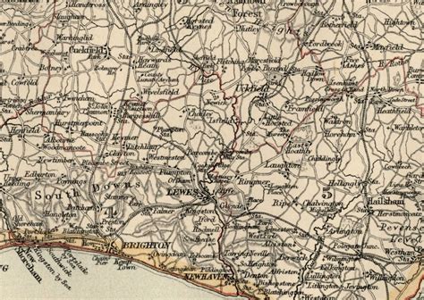 Sussex County England: Detailed 1889 Map showing Towns, Cities & Railroads