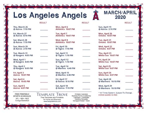 Printable 2020 Los Angeles Angels Schedule