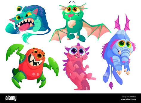 Cute monsters, funny alien animals with teeth, wings, horns and fur ...