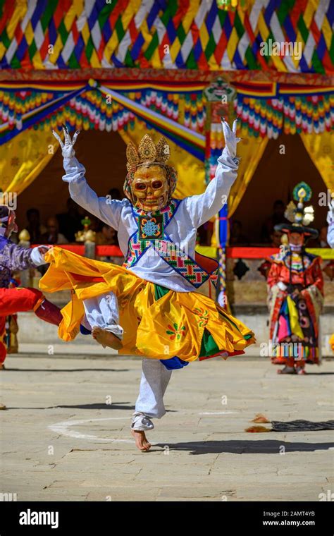 Man dancing at a traditional festival, Gangteng Monastery, Wangdue Phodrang District, Bhutan ...