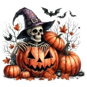 Halloween Skeleton in Witch Hat With Pumpkins 16 PNG Clipart Perfect ...