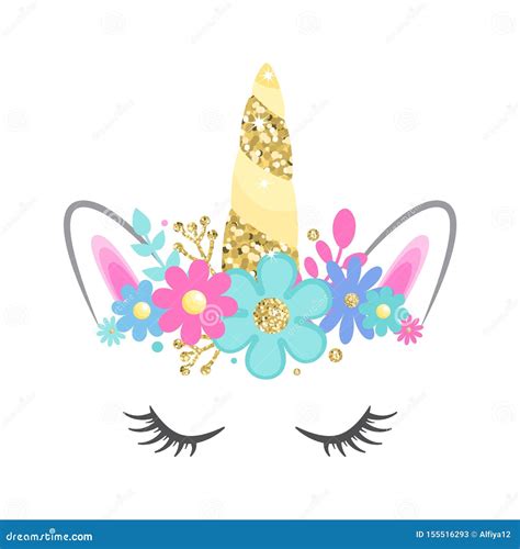 Vector Unicorn Face with Closed Eyes and Flowers. Gold Glitter Horn Stock Vector - Illustration ...