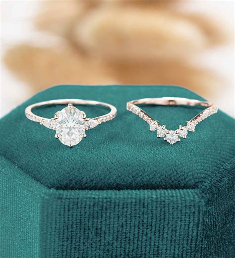 Unique Moissanite Engagement Ring Set Vintage Oval Ring Rose Gold Women Pear Shaped Curved ...