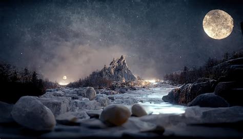 Premium Photo | Winter night with moon in the sky and stars over a ...