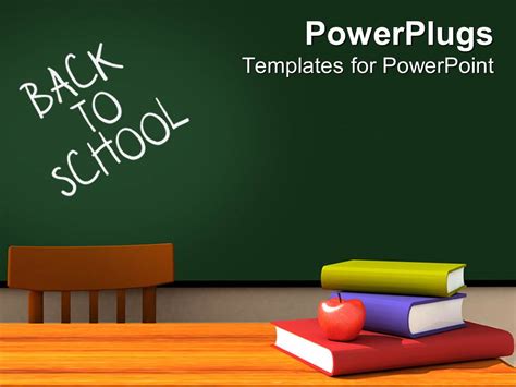 PowerPoint Template: back to school classroom with chalkboard and desk with books and apple and ...