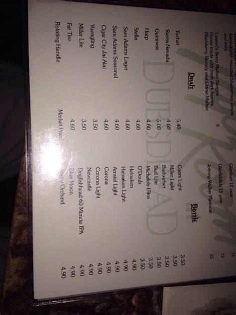 Menu at The Tap Room at Dubsdread restaurant, Orlando