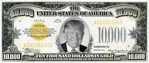 Donald Trump Portrait USA 2020, Vintage Gold Certificate Ten Thousand ...