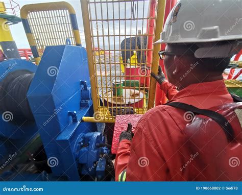 Offshore Marine Crew Operate Tugger Winch During Anchor Handling ...