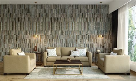 Vintage Luxury Living Room with Stone Textured Wallpaper | Livspace