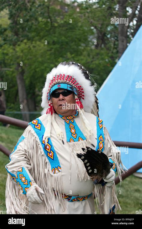 Canadian native in traditional dress at Stampede Park during Calgary ...