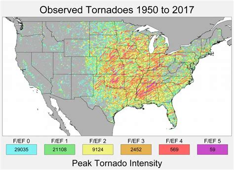 Track and Peak Intensity of U.S. Tornadoes (1950 - 2017) - Vivid Maps