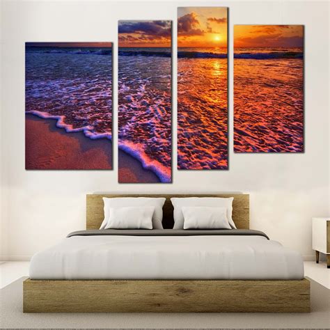 Ocean Sunset Canvas Wall Art, Cloudy Orange Ocean Sky 4 Piece Canvas P – Swallart