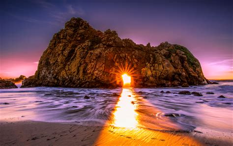 Download wallpapers America, ocean, sunset, ock, cliff, sun rays, arch, USA for desktop free ...