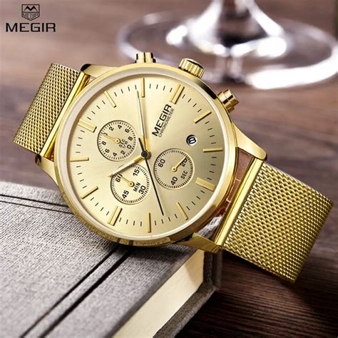 MEGIR chronograph men's quartz watch mesh band men watches gold fashion casual business brands ...