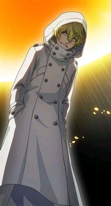 an anime character wearing a trench coat and standing in front of the ...