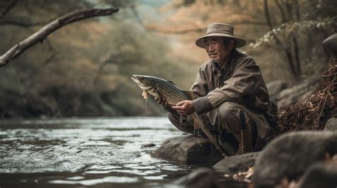 An Old Man Poses With A Fish In A River Background, A Waterside Hunter ...