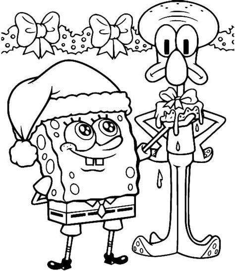 Cute Christmas Spongebob and Squidward coloring page - Download, Print or Color Online for Free