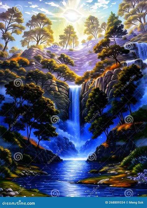 Waterfall Painting with Beautiful Scenery. Landscape with Trees, Rocks ...