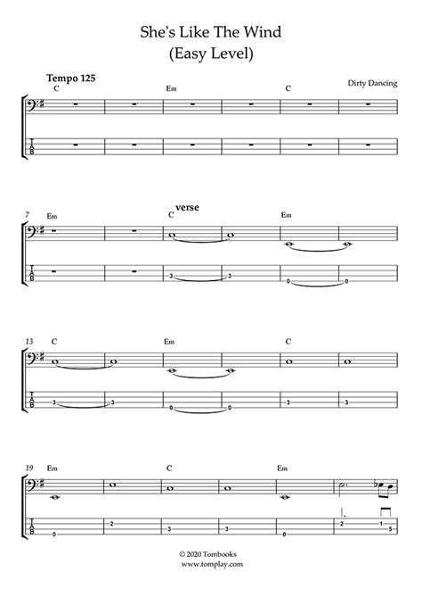 Bass Sheet Music Dirty Dancing - She's Like The Wind (Easy Level ...