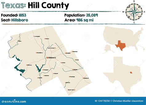 Map of Hill County in Texas Stock Vector - Illustration of seat, blue: 124778250